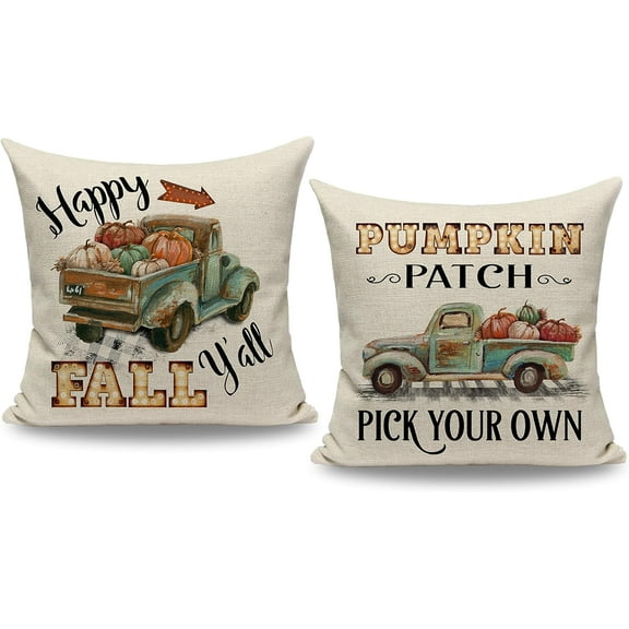 Fall Outdoor Throw Pillow Covers 18x18 Set of 2 Autumn Pumpkin Truck Decorative Pillow Covers for Farmhouse Home Front Porch and Room