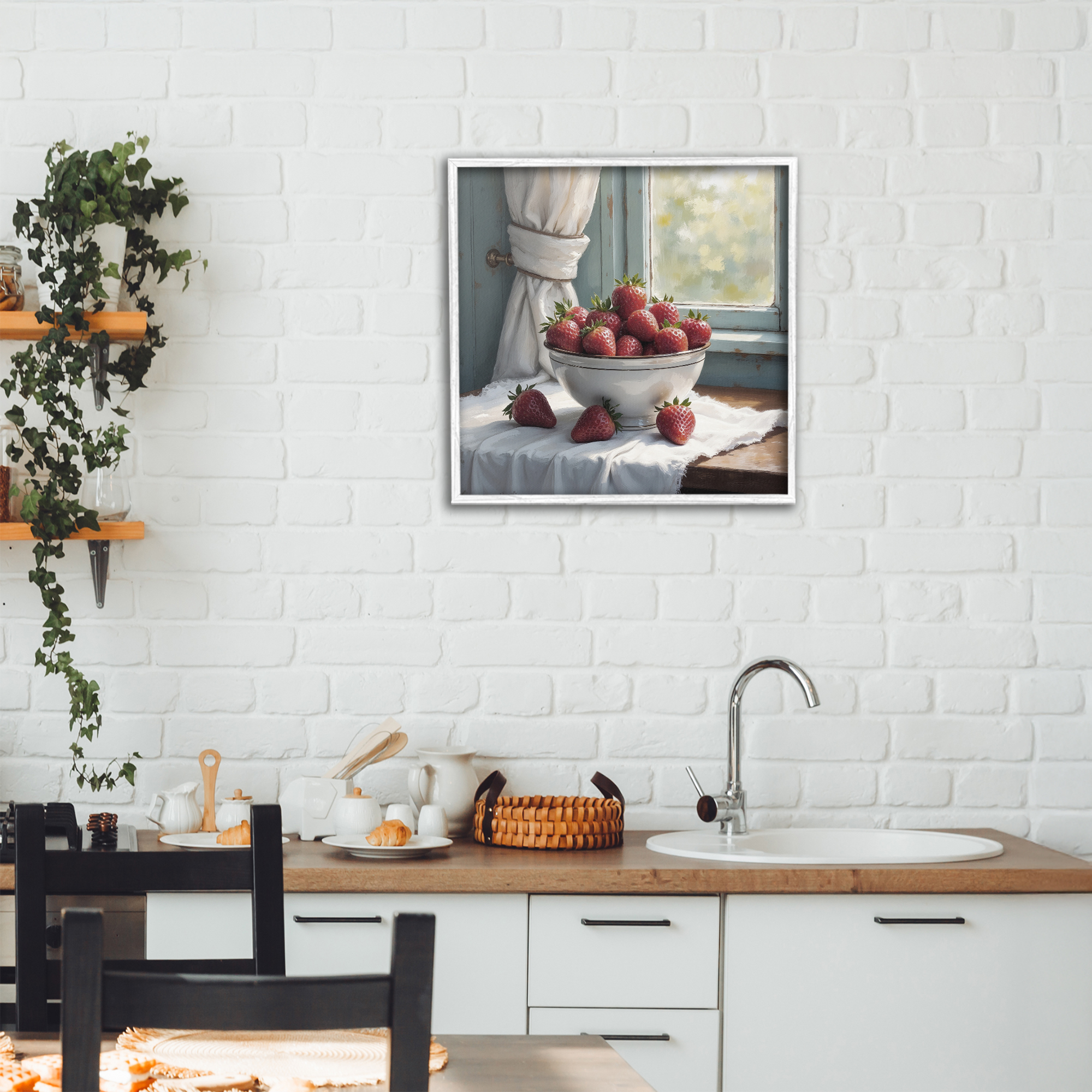 Strawberry Harvest in Window White Framed Giclee Art, design by Lettered and Lined
