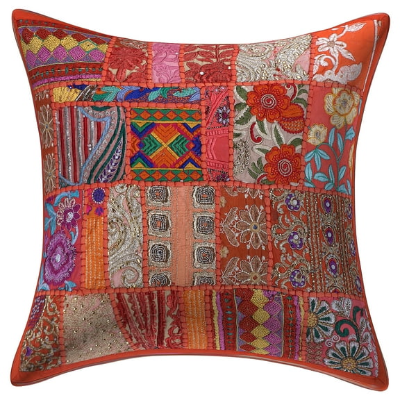 Stylo Culture Indian Cotton Living Room Throw Pillow Sham Cover Orange 18x18 Bohemian Vintage Patchwork Indian Couch Cushion Cover 45 x 45 cm Decorative Abstract Square Pillowcase | 1 Pc