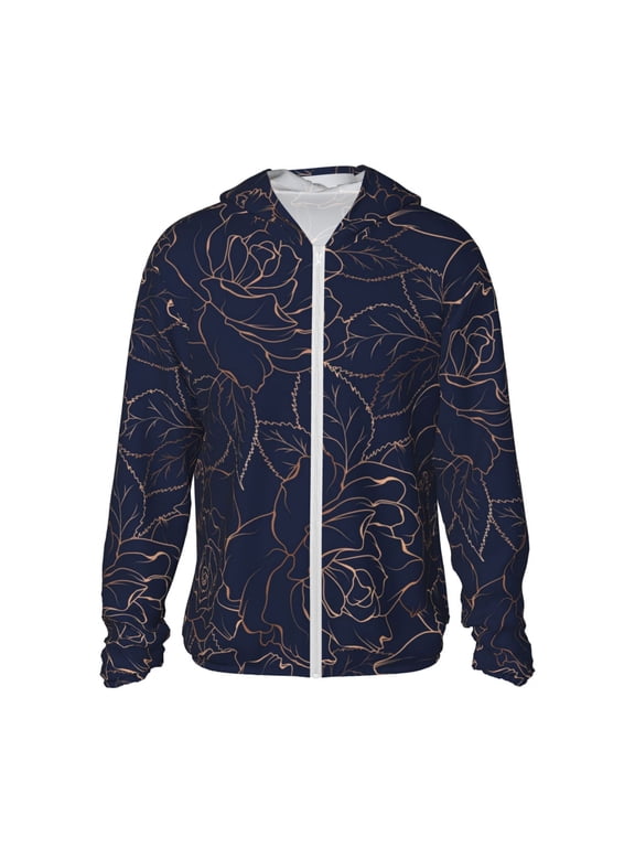 Copper-Gold Gloss Outline Navy Dark Blue Print Men's Women Light Jacket Full Zip Sun Protection Hoodie Long Sleeve Sun Shirts for Men Hiking Fishing Zip Pockets-Large