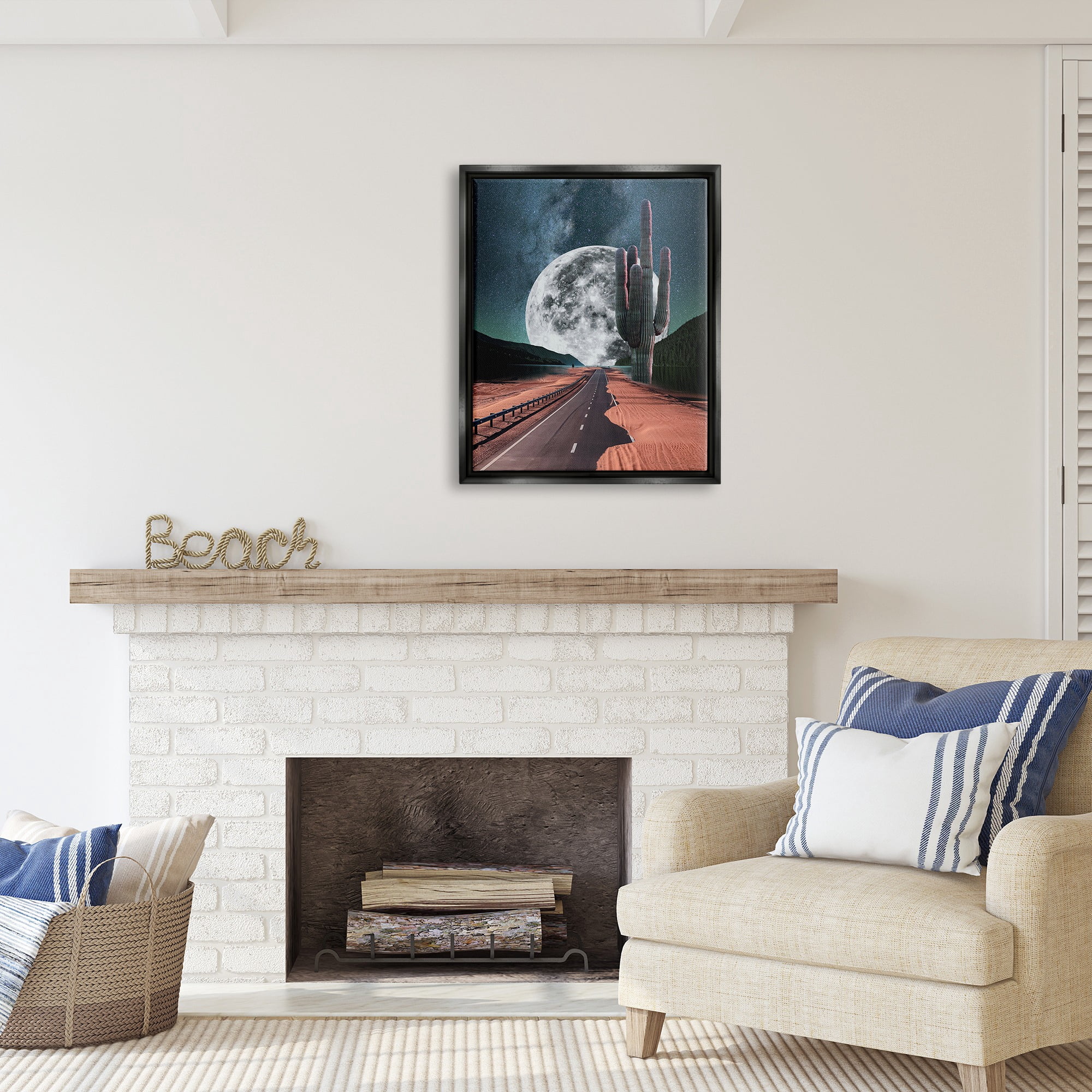 Stupell Industries Surreal Moon & Desert Highway Landscape Painting Black Floater Framed Canvas Art Print Wall Art, 25 x 31
