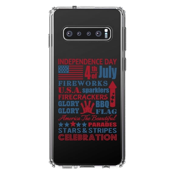 DistinctInk Clear Shockproof Hybrid Case for Samsung Galaxy S10  PLUS (6.4" Screen) - TPU Bumper Acrylic Back Tempered Glass Screen Protector - Independence Day Word Art