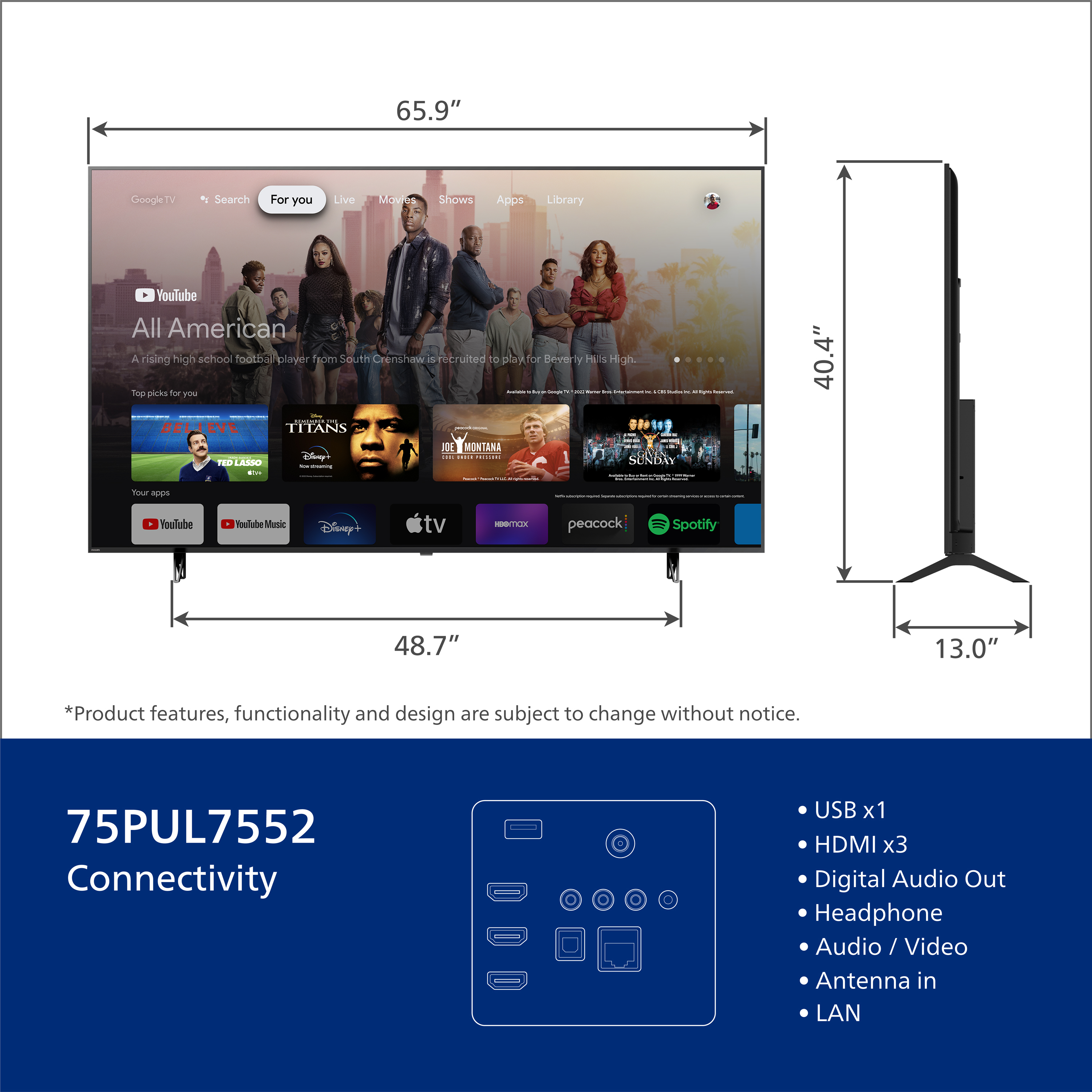 Philips 75" Class 4K Ultra HD (2160p) Google Smart LED TV (75PUL7552/F7) (New) - image 6 of 25