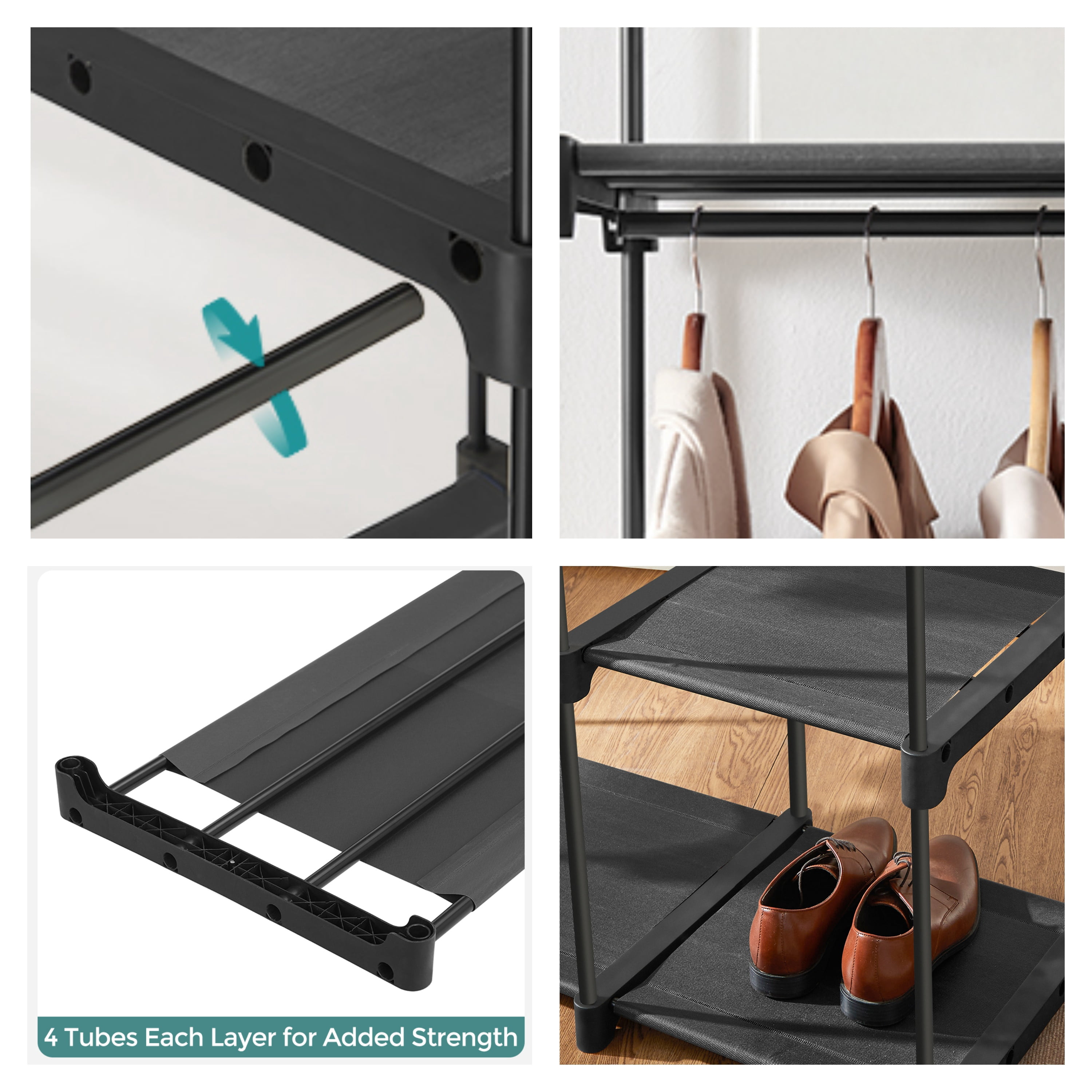 Ledrem Freestanding Closet Organizer with Hanging Rods & Shelves, Portable Wardrobe, Black