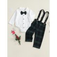thumbnail image 2 of Suealasg Christmas Newborn Baby Boy Gentleman Outfit Long Sleeve Lapel Neck Romper+ Plaid Suspender Pants + Bow Tie 0 6 9 12 18 Months Infant Boys Fall Winter 3Pcs Clothes Set, 2 of 7