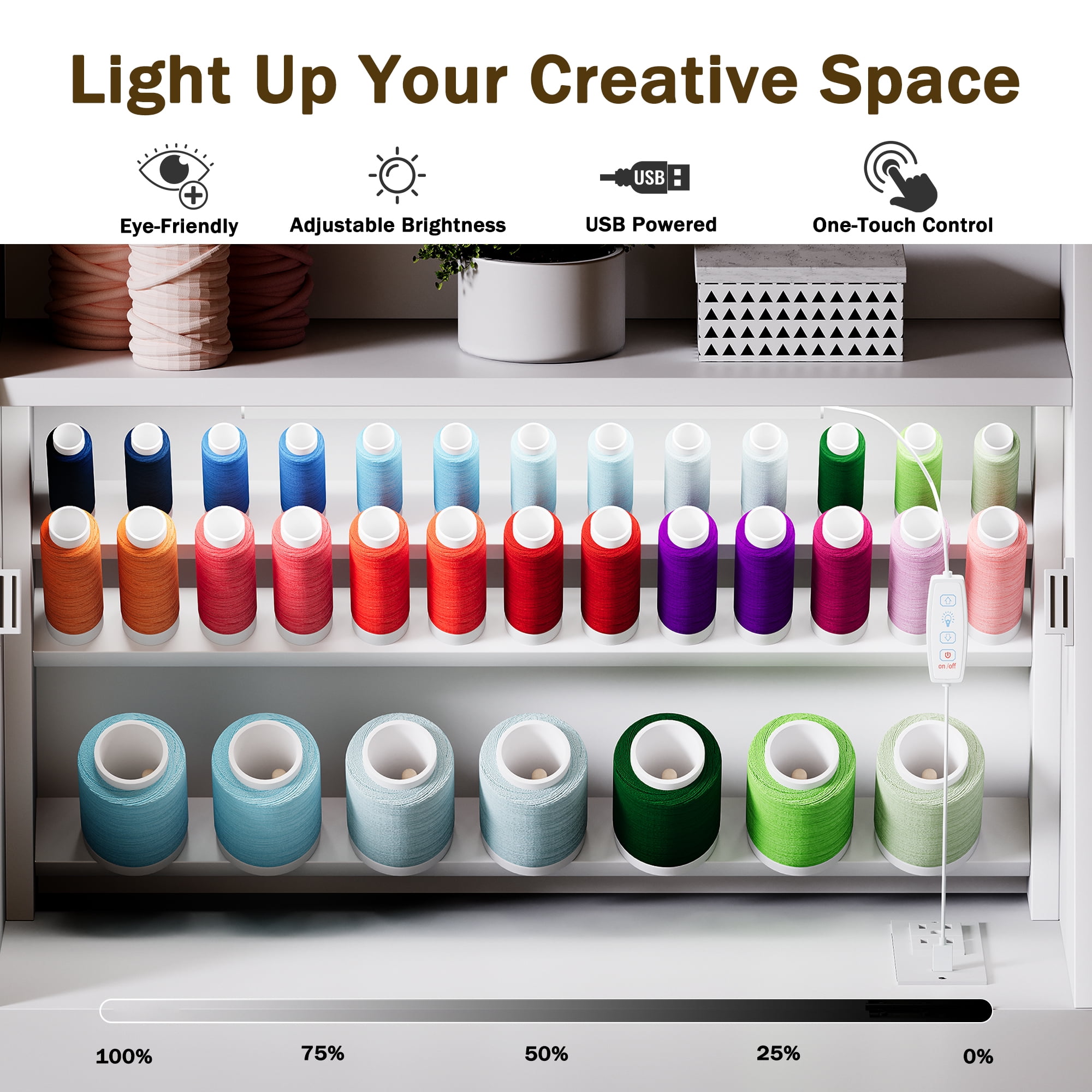 Advwin Sewing Cabinet with Foldable Tabletop, Thread Organizer Shelves, LED Light & Charging Station, Space-Saving Craft Table for Sewing, Quilting, Sewing Station for Small Spaces, White