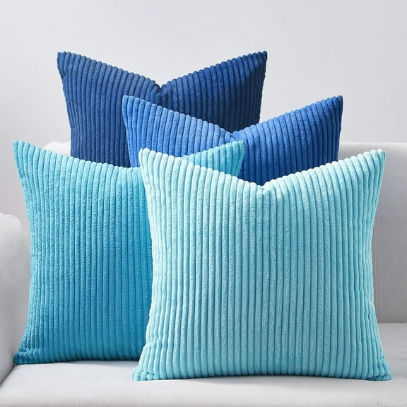 Blue Throw Pillow Covers 18x18 Inch Set of 4,Soft Accent Corduroy Decorative Cushion Cover,Square Modern Pillow Case for Beach,Patio,Balcony,Living Room,Summer Gradient Shams Home Decor