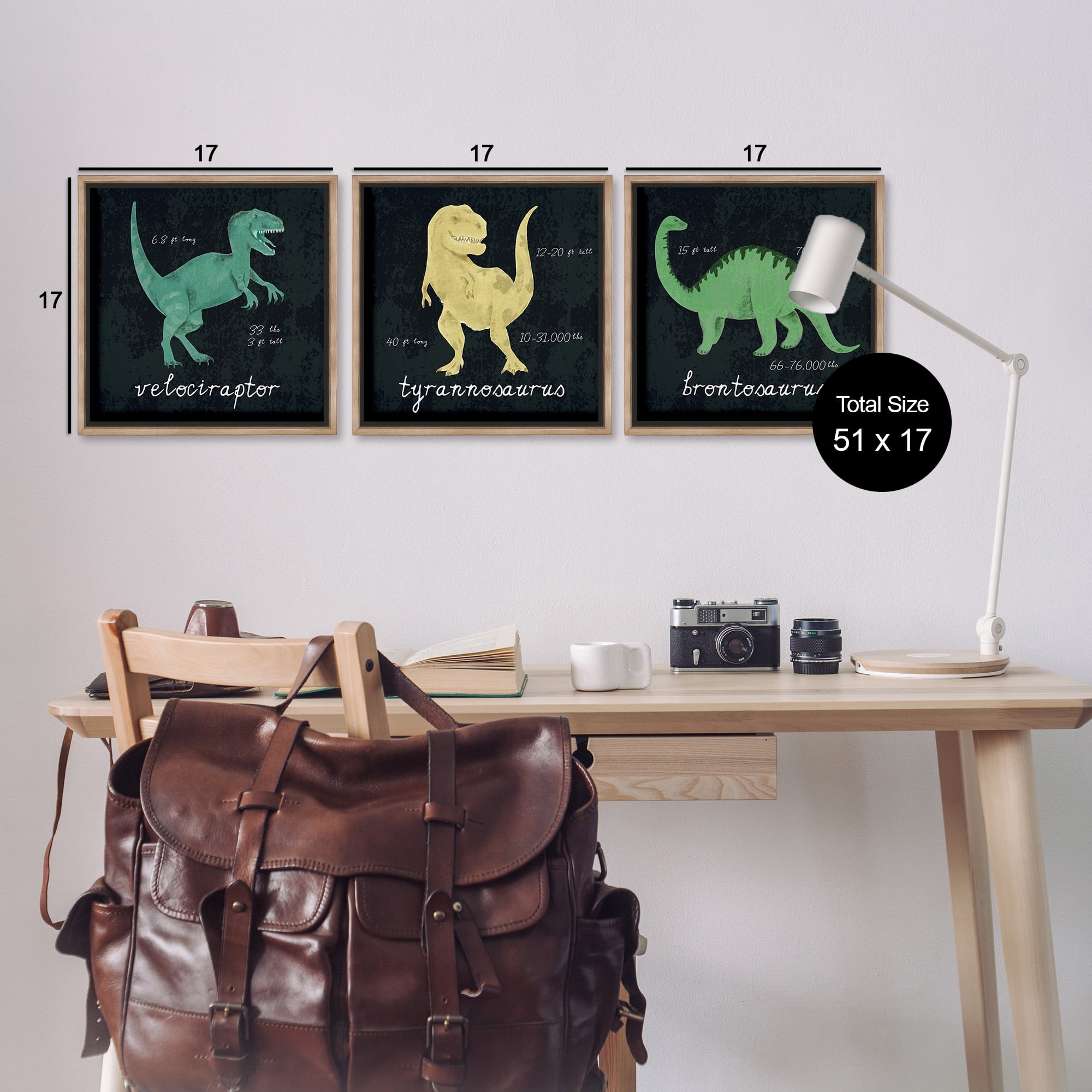 Stupell Industries Dinosaur Facts Chalk Inspired Design Animals & Insects Painting Brown Floater Framed Canvas Art Print Wall Art, 18 x 18, Set of 3