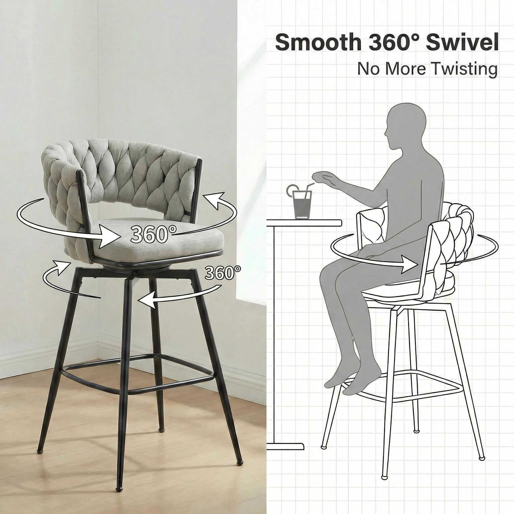28" Counter Height Set of 2 Grey Linen Swivel Bar Stools with Woven Back and Footrest & Black Legs