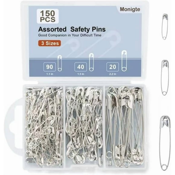 150 PCS Safety Pins,Safety Pins Assorted,3 Different Sizes Silver Large Safety Pins,Small Safety Pins Bulk,Safety Pins Heavy Duty,Safety Pins for Clothes, Crafts, Pinning and Sewing