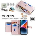 thumbnail image 3 of Leather for iPhone 16 Plus 6.7" Case with 6-Card Holder Zipper Bills Slot, Soft Sheepskin Shoulder Wrist Strap Wallet Case Women,Pink,For iPhone 16 Plus, 3 of 8
