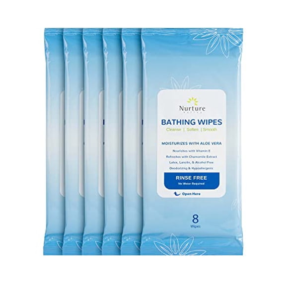 No Rinse Bathing Wipes (6-Pack) | 48 Microwavable Adult Wash Cloths with Aloe Vera and Vitamin E - Rinse Free Cleansing Body Bath Wipes - Latex, Lanolin, and Alcohol Free - 6 Packs of 8 Wipes