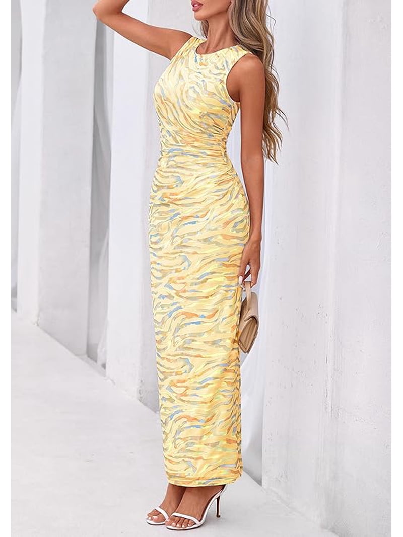 Prettygarden Womens Summer Wedding Guest Dress Spring Mesh Sleeveless Bodycon Ruched Floral Holiday Maxi Long Dresses, Women's, Size: Small, Yellow Prettygarden Womens Summer Wedding Guest Dress Spring Mesh Sleeveless Bodycon Ruched Floral Holiday Maxi Long Dresses, Women's, Size: Small, Yellow