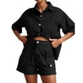 thumbnail image 3 of ibiyuan Women 2 Piece Outfits Sets Women's Casual Short Sleeve Button Down Shirt and Shorts Two Piece Set Comfortable Pure Color Outfit for Spring Summer Daily Wear, 3 of 10