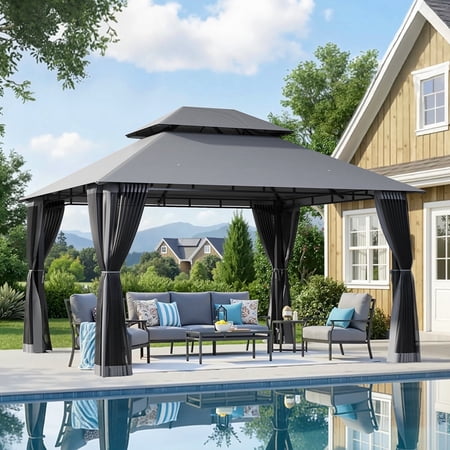 BREEZESTIVAL 12X10ft Patio Gazebo Outdoor Gazebo with Double Roof Metal Frame Canopy Carpas Para Patio Heavy Duty Shelter with Mosquito Net Screen for Backyard Lawn Garden Deck(Grey)