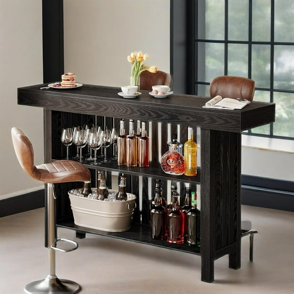 All Black Bar Table with 2-Tier Storage, 62.99" x 15.75" Large Top, Sturdy Modern Bar Cabinet for Multi-Spaces