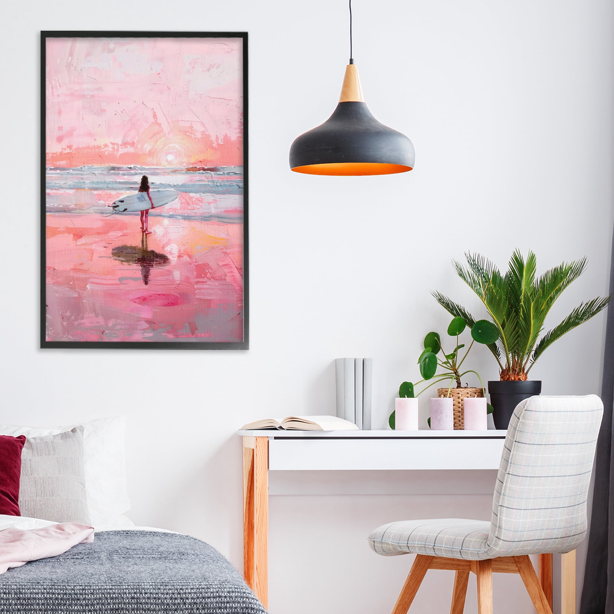 Stupell Industries Surfer at Pink Sunset Black Framed Giclee Art, design by Creative Studio