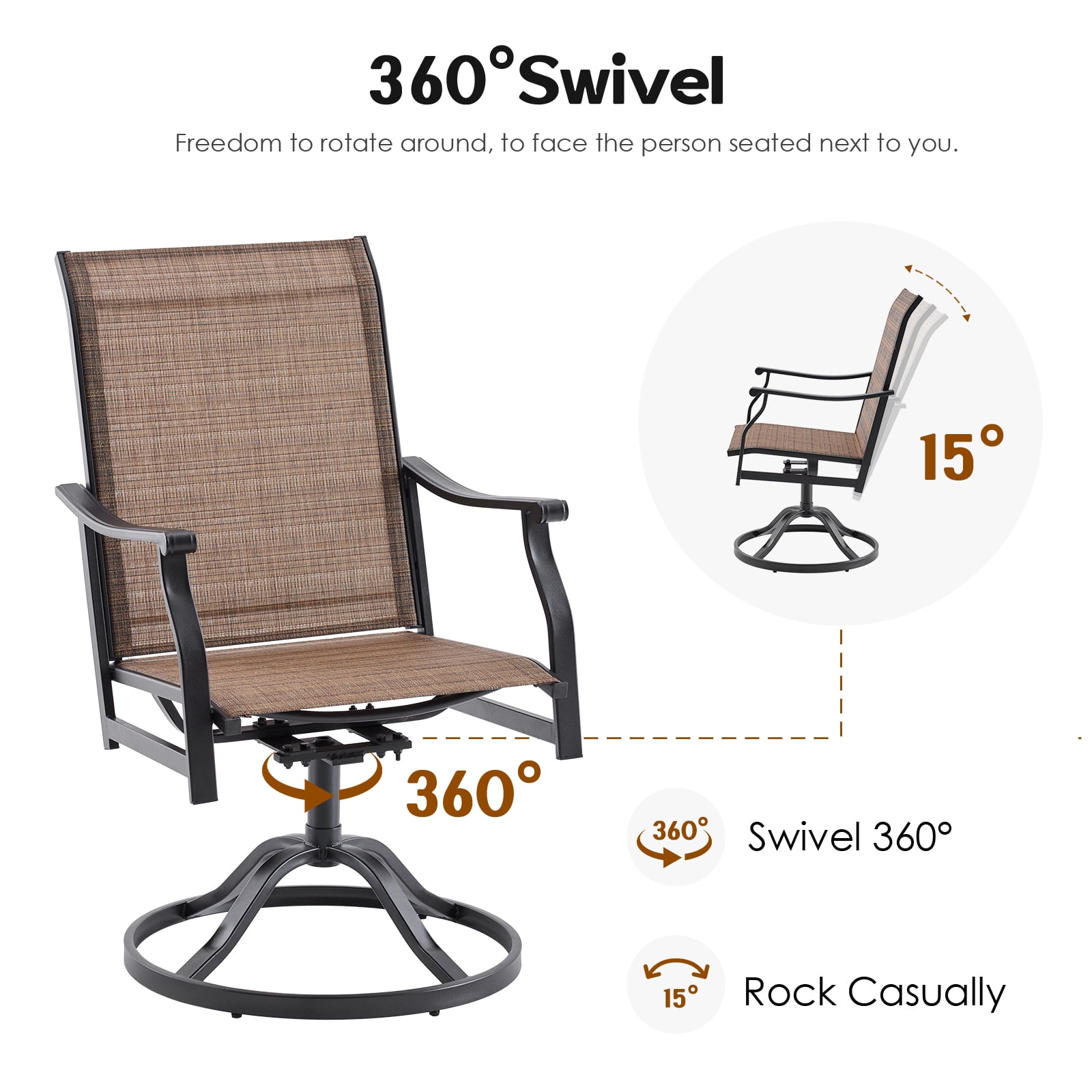 STARY 5 Pieces Outdoor Dining Set with 1.57" Umbrella Hole, Patio Swivel Dining Textilene Chairs and 35"x35" Iron Square Table for 4 People, Backyard