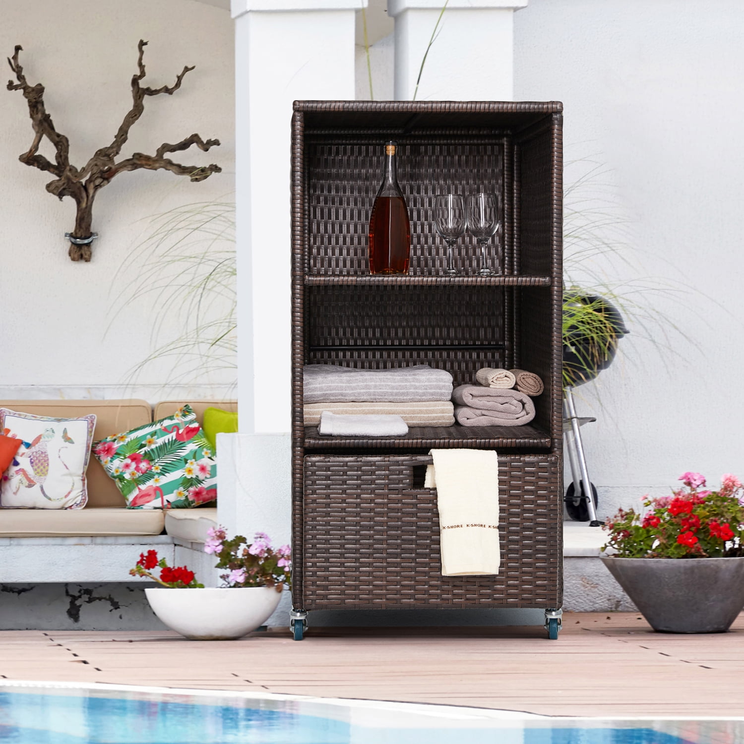 Outdoor Pool Towel Storage Cabinet Organizer Pool Towel Valet Rack with Storage Shelves & Drawer Patio Wicker Pool Towel Holder with Rolling Wheels Poolside Towel Caddy w/Cover for Hot Tub Spa Brown