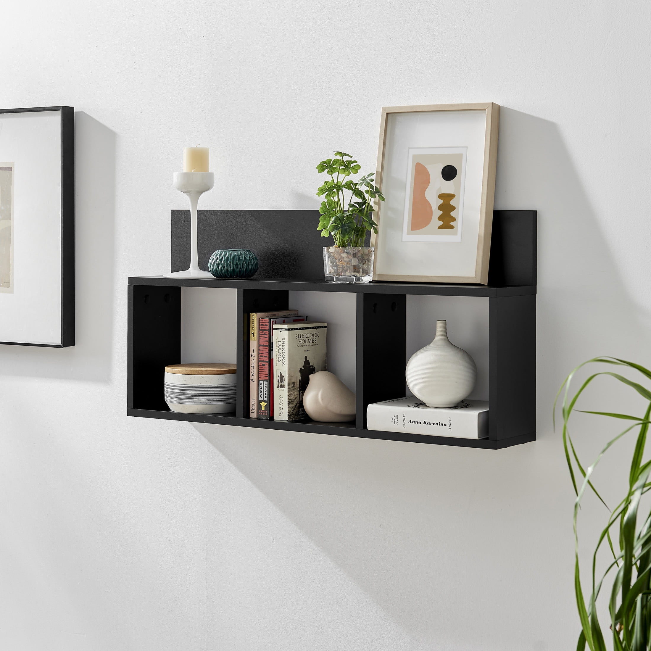 Danya B. Modern 3 Cube Floating Wall Shelf with Display Ledge - Easy to Hang Wall Mounted Triple Cubby Shelf - Black