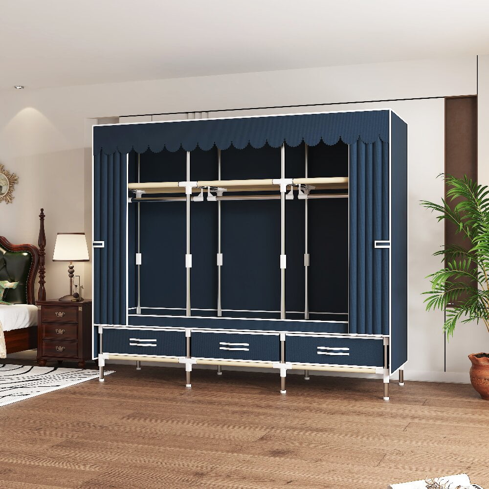 ArluKin 59Inch Portable Wardrobe Closet, 3 Storage Spaces with 3 Hanging Rods,3 Drawers，Steel Frame Fabric Organizer, Easy Assembly and Dust Resistant Design, blue