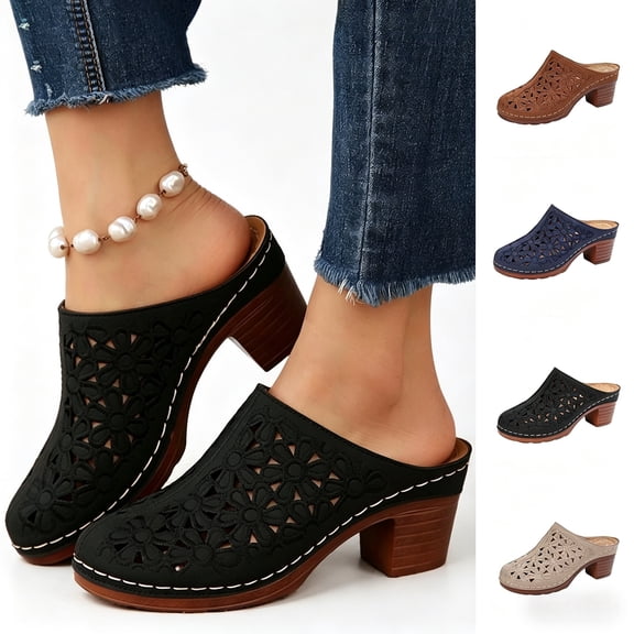 Women's Hollow Out Cutout Clogs Mules, Closed Toe Block Heel Sandals, Summer Outdoor Beach Walking Shoes Breathable Casual Comfort Slip On Shoes for Women