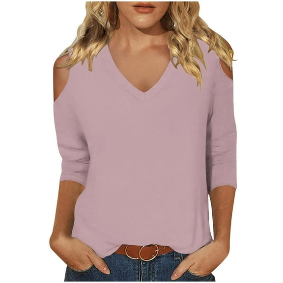 Dvprdro Women's Casual 3/4 Sleeve Off-Shoulder Tops Trendy V-Neck Solid Cut Out Comfortable Stylish Tops for Women Light Purple XL