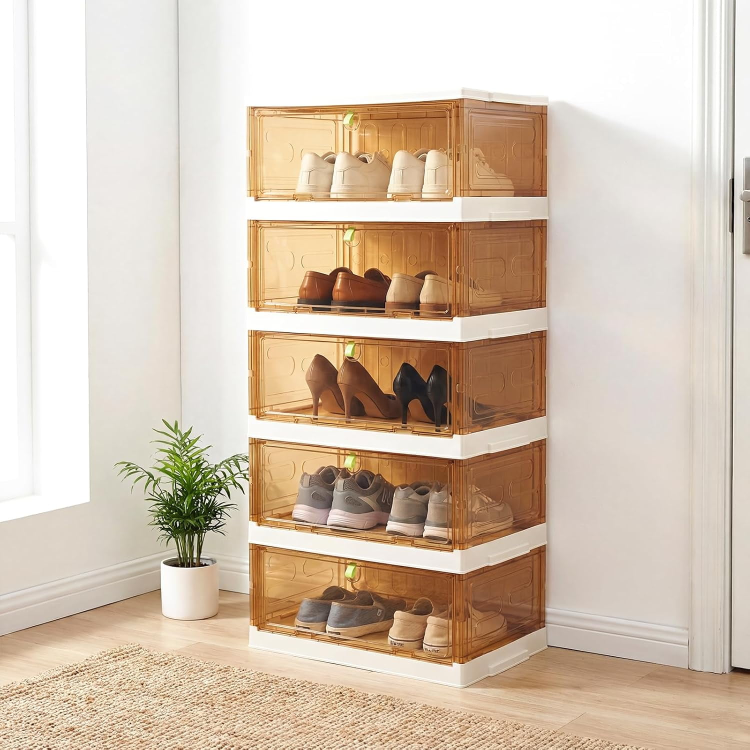 Shoe Rack Organizer for Entryway/Closet Stackable Magnetic-Door Shoe Boxes Foldable Space-Saving Sneaker&Boot Containers Thichen&Sturdy Plastic Cabinet 5 Tiers 10 Pairs Taupe