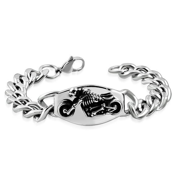 Stainless Steel Silver-Tone Mens Bike Biker Skull Chain Bracelet, 8.5"