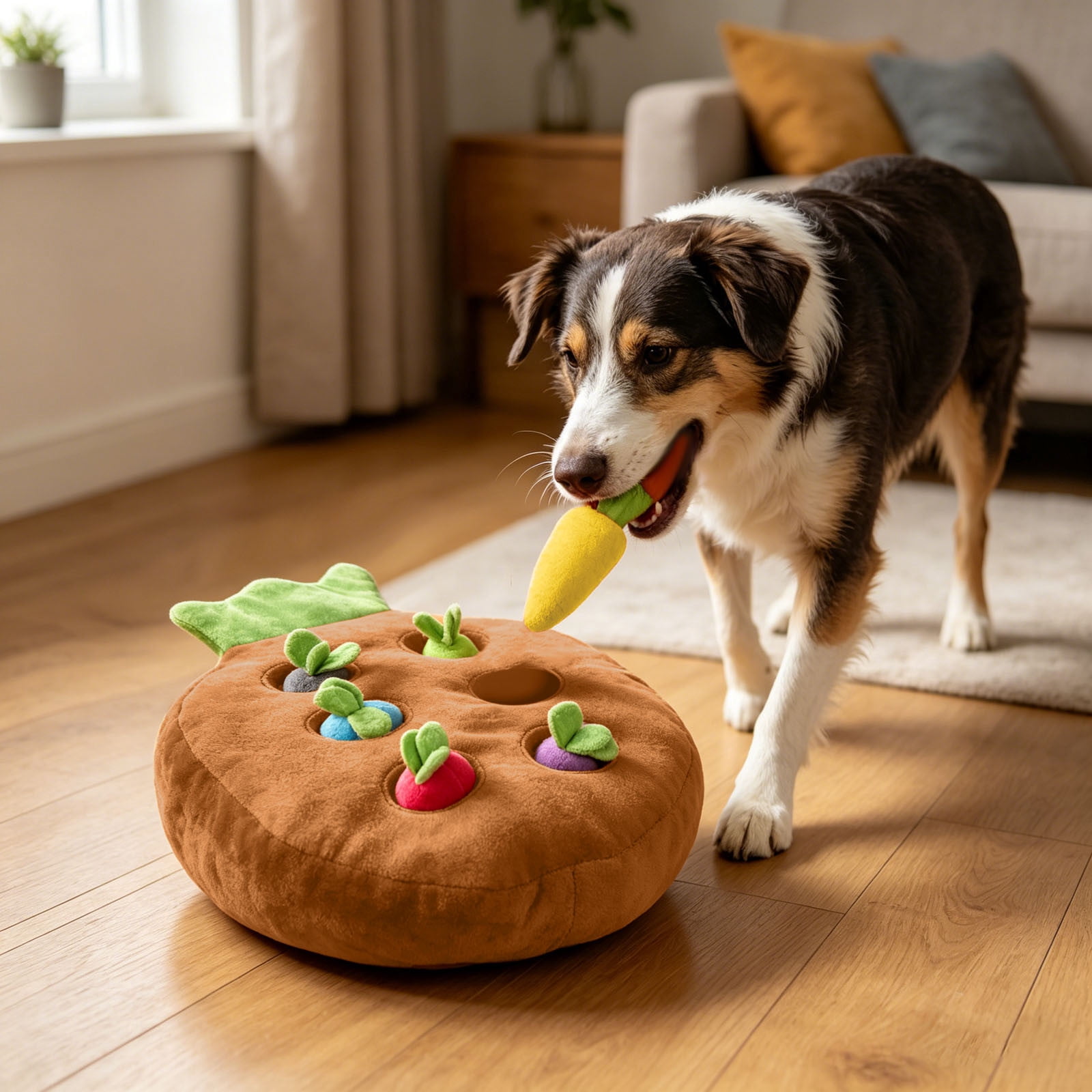Interactive Hide-and-Seek Carrot Pull Plush Toy for Dogs & Cats Mental Stimulation Enrichment Snuffle Toy with Crinkle Vegetables, Indoor Boredom Relief Teeth Cleaning & Pet Bonding