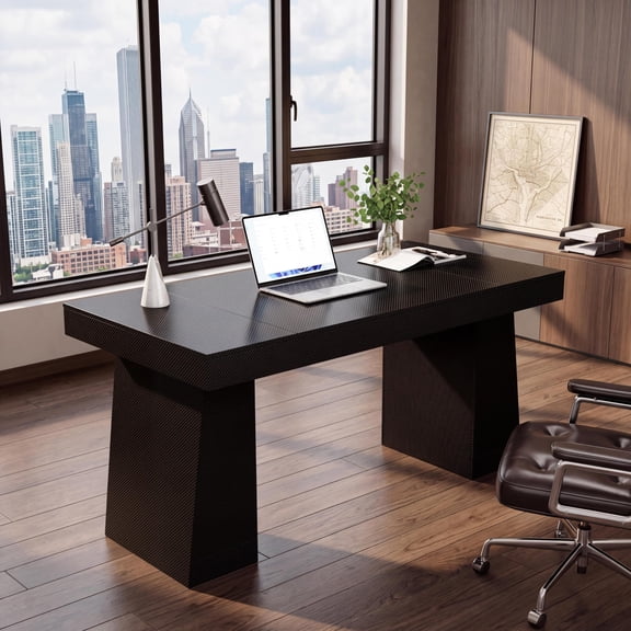 55" Executive Desk with Built-In Power Outlet & USB Charging - Storage Cabinet for Small Spaces - Home Office Computer Writing Workstation - Black
