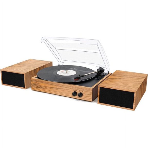 LP&No.1 Bluetooth Turntable with Stereo Bookshelf Speakers, 3 Speed Vintage Belt-Drive Turntable with Wireless Playback & Auto-Stop & Bluetooth Input,Yellow Wood