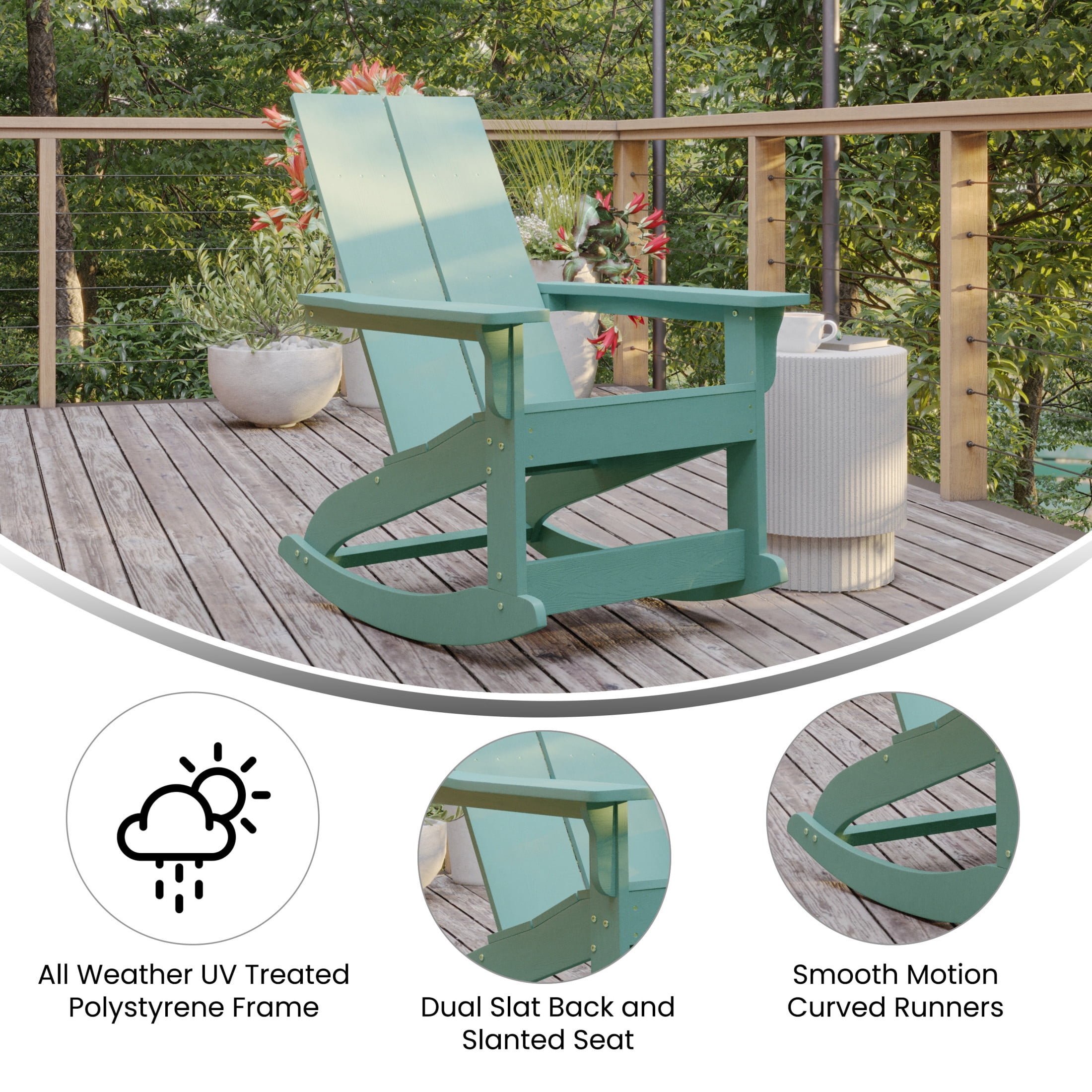 BizChair Modern Commercial Grade Poly Resin Wood Adirondack Rocking Chair - All Weather Sea Foam Polystyrene - Dual Slat Back - Stainless Steel Hardware