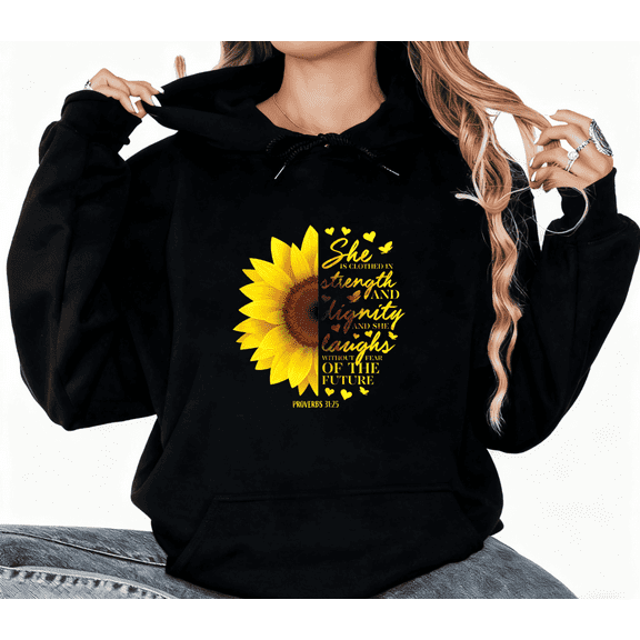 Proverbs Sunflower Print Hoodie Graphic Sweatshirt Black Christian S-2XL Tops