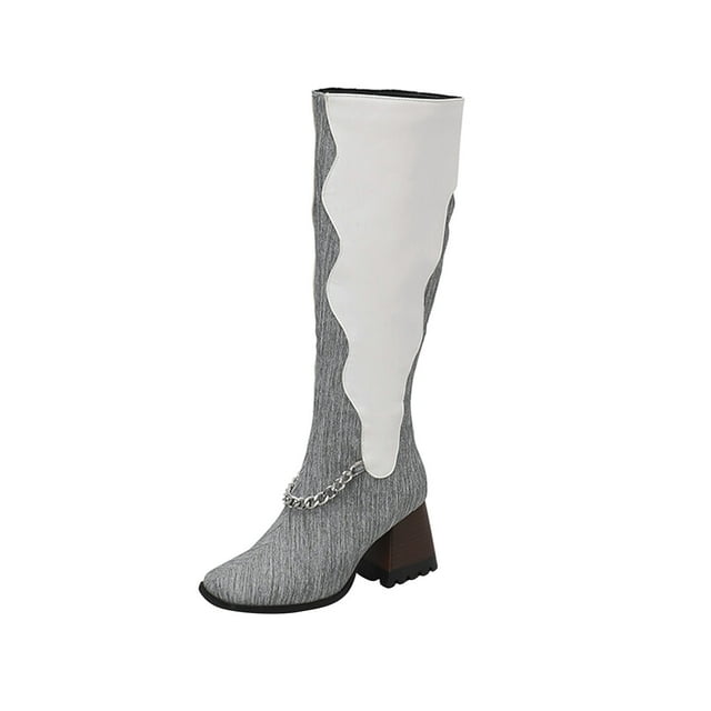 Wolfast Oversized Women's Fall/Winter Velvet Lining Color Matching Rectangle Toe Thick High Heels Long Chain Boots,Gray