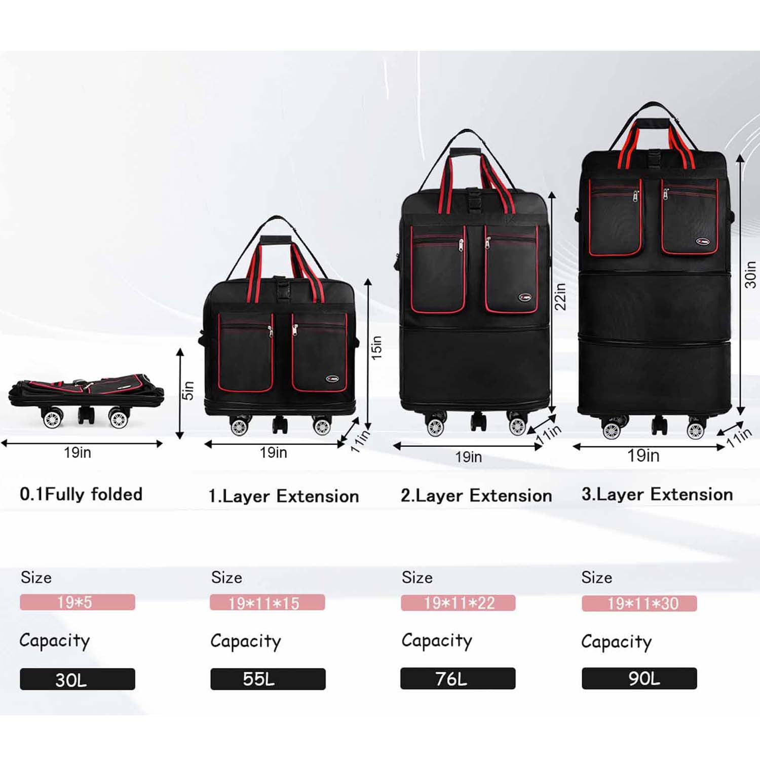 30" Expandable Foldable Luggage Bag,Collapsible Suitcases with Wheels,Lightweight Rolling Duffle Bag for Travel, Moving, Home Storage, Red/Trim, MEX