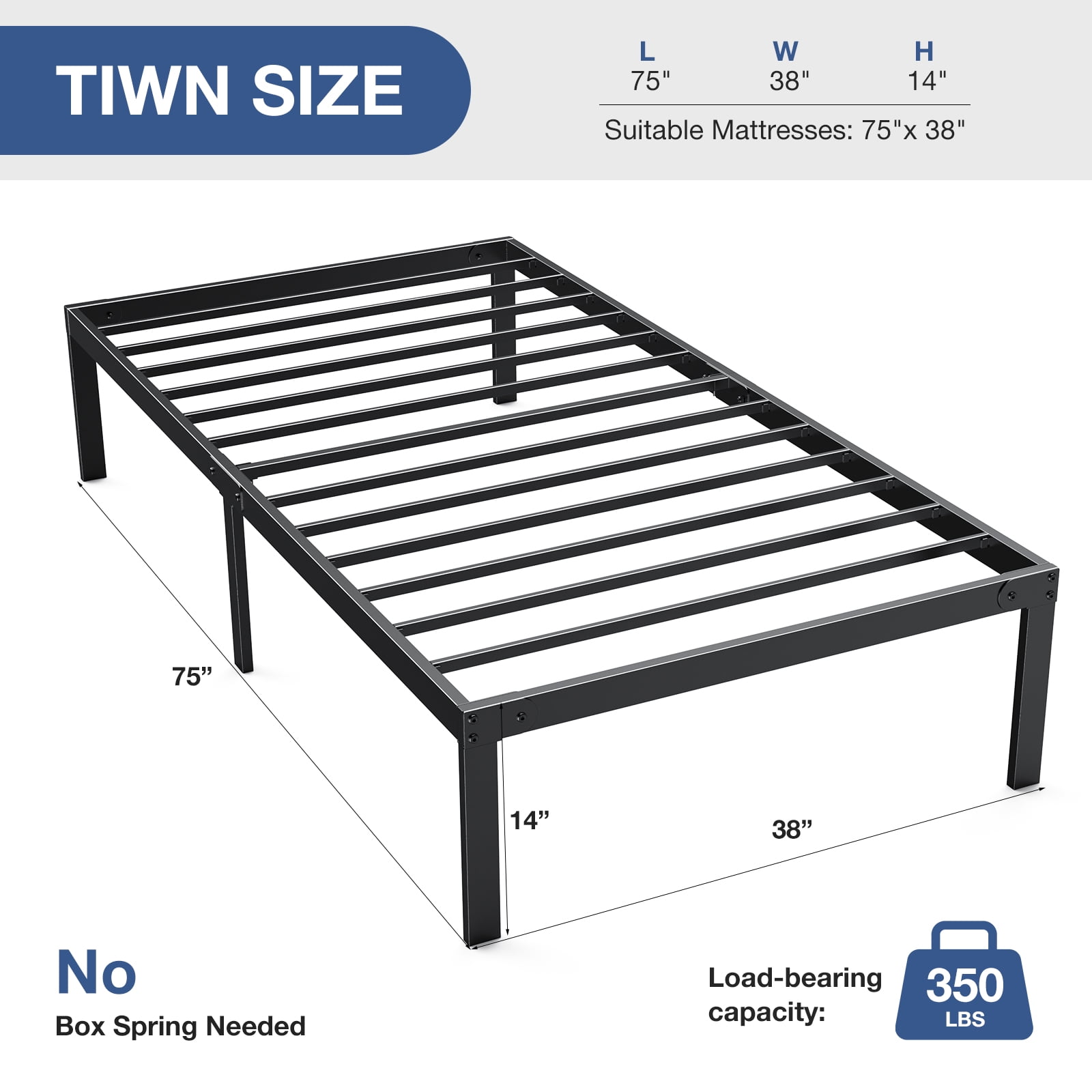 Mayoume Bed Frame Twin, Metal Platform Bedframe Heavy Duty No Box Spring Needed with High Storage Space Under Frame, 14 Inches, Sturdy Steel Slat Support
