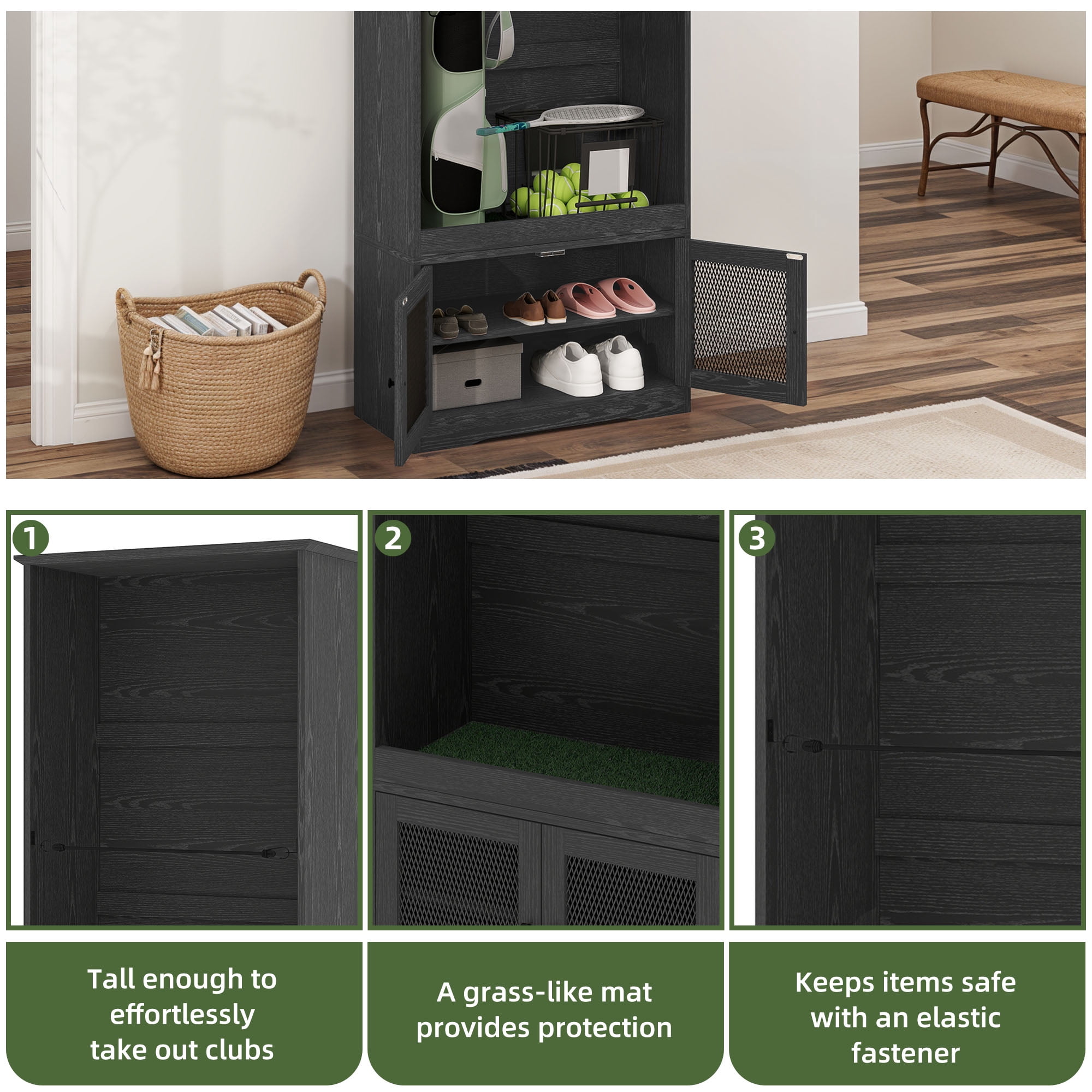 Uforic Golf Storage Cabinet with Wooden Organizer Rack and Golf Bag Stand - Matte Black