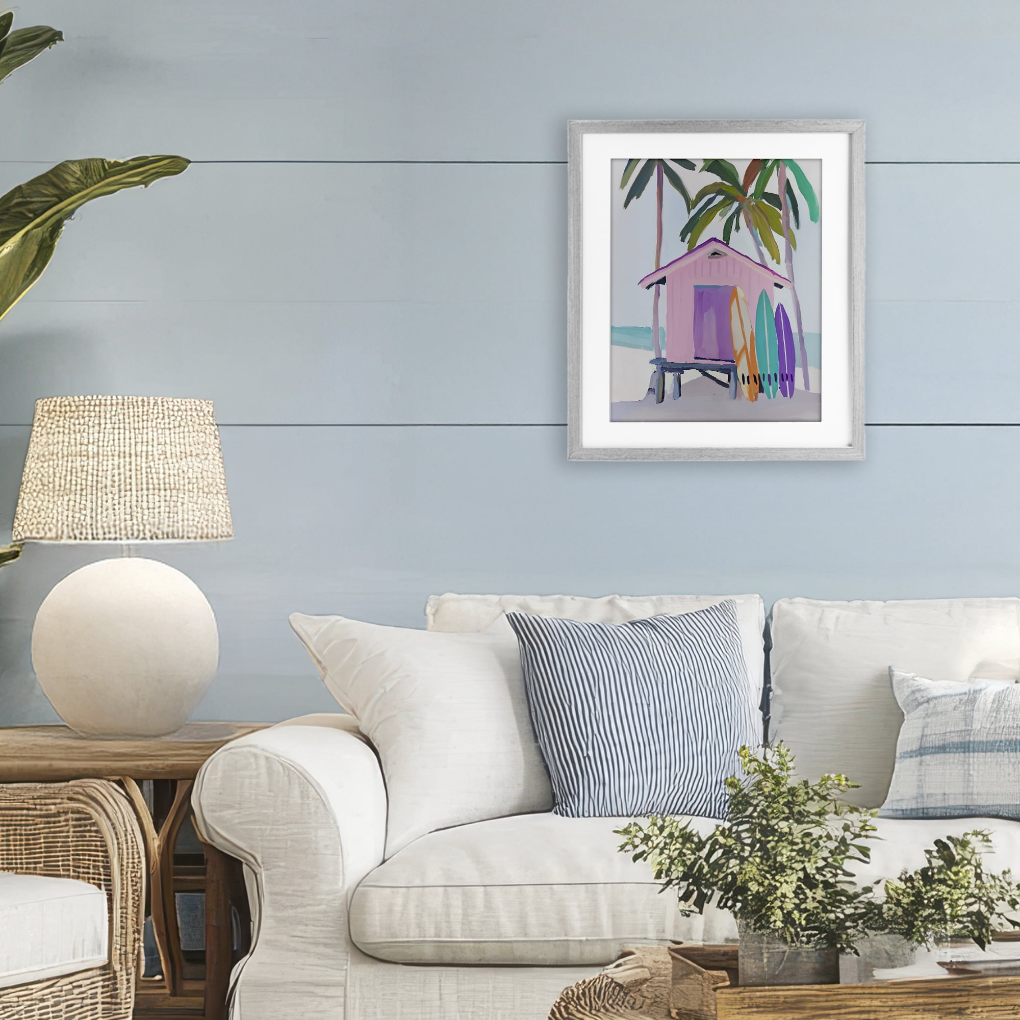 Stupell Industries Pink Beach Hut with Surfboards Gray Framed Print Under Glass, design by Sisi and Seb