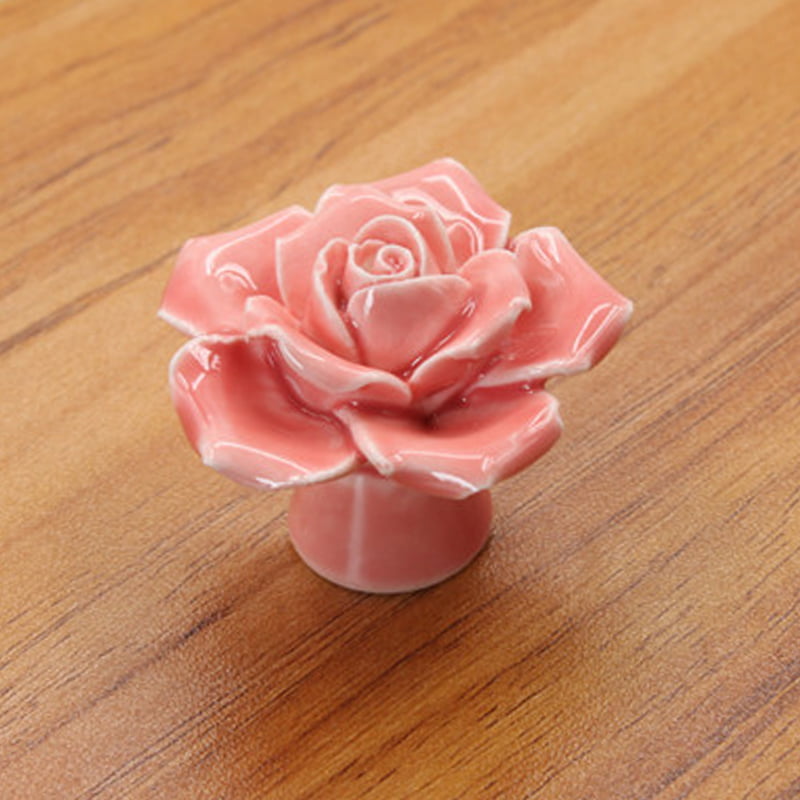 Pink Color Leaf Flower Design Ceramic Knobs Kitchen Cabinet Drawer Pulls 12