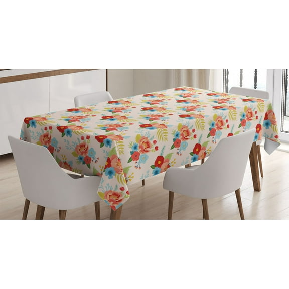 Botanic Tablecloth, Pastel Flower Buds Meadow Bouquets Peony Poppy Daffodil Blossoms Spring Pattern, Rectangle Satin Table Cover Accent for Dining Room and Kitchen, 52" X 70", Multicolor, by Ambesonne