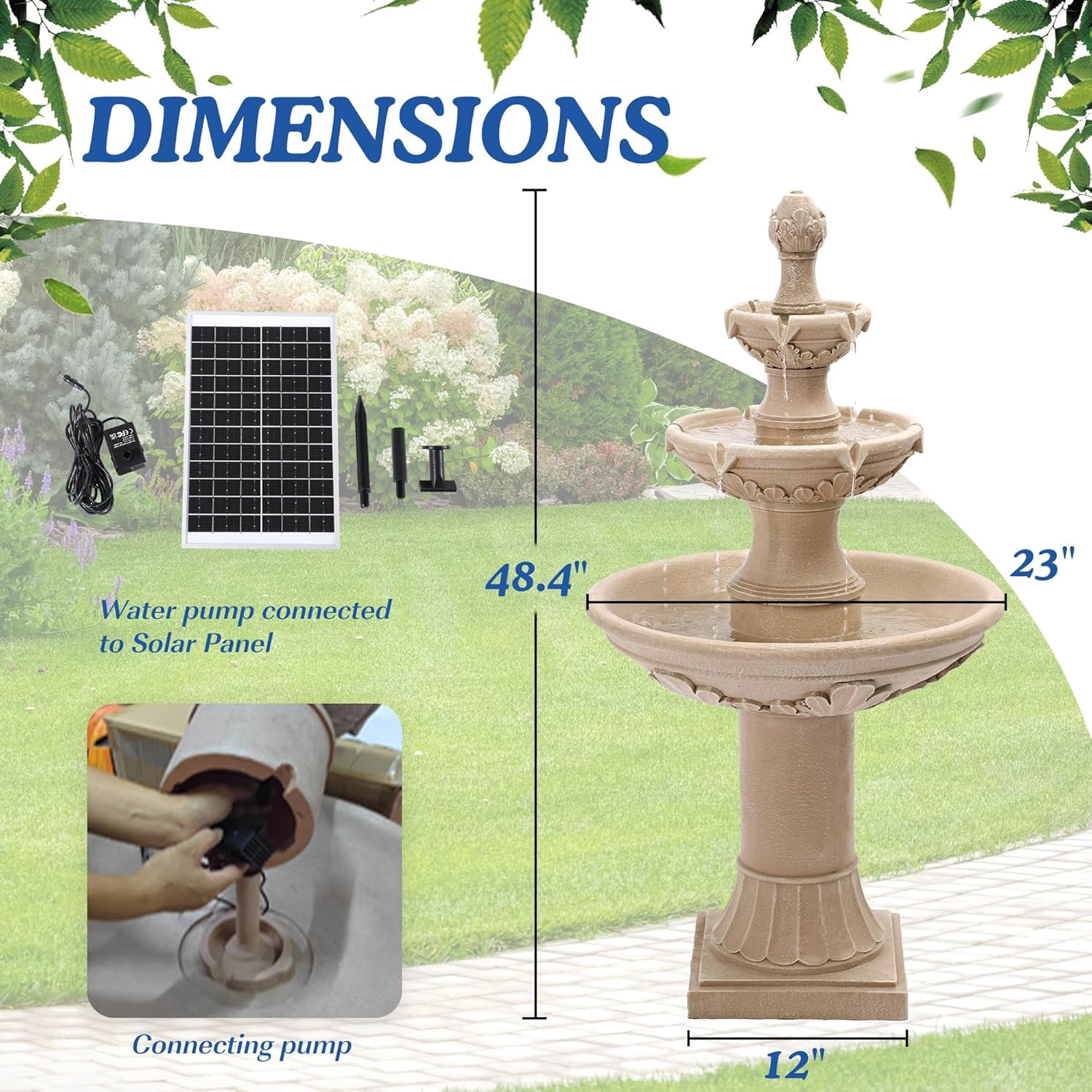 Magic Union Italian Solar Water Fountains Outdoor Garden Decor - 48.4''H Fountain and Waterfall, Large Cascading Indoor Floor-Standing Resin Bubbler Fountain Features W/Pump for Patio, Backyard