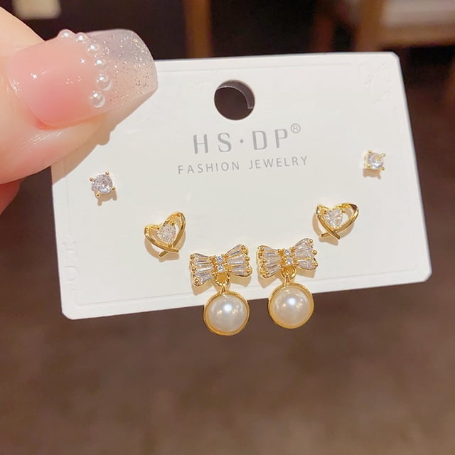 Pendientes cortos con microincrustaciones de circonitas y aguja de plata S925, pendientes de pelo corto, pendientes elegantes japoneses y coreanos de tres piezas, sencillos y combinables para mujer