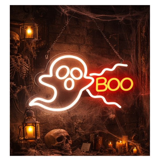 Letrero de neón fantasma"BOO"USB regulable para fiesta Halloween y decoración casa encantada 15.75×9.65in/40x24.5cm