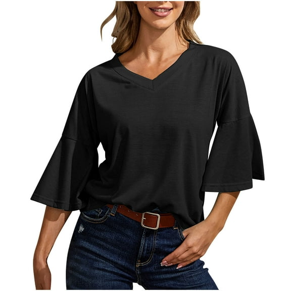 Mittory Womens Tops Casual V Neck Shirts Floral Solid Blouse Ruffle Tunics 3/4 Sleeve Tshirt
