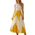 thumbnail image 2 of Womens Color Block Pleated Maxi Skirt High Waist A-Line Flowy Elegant Long Skirts Yellow M, 2 of 5