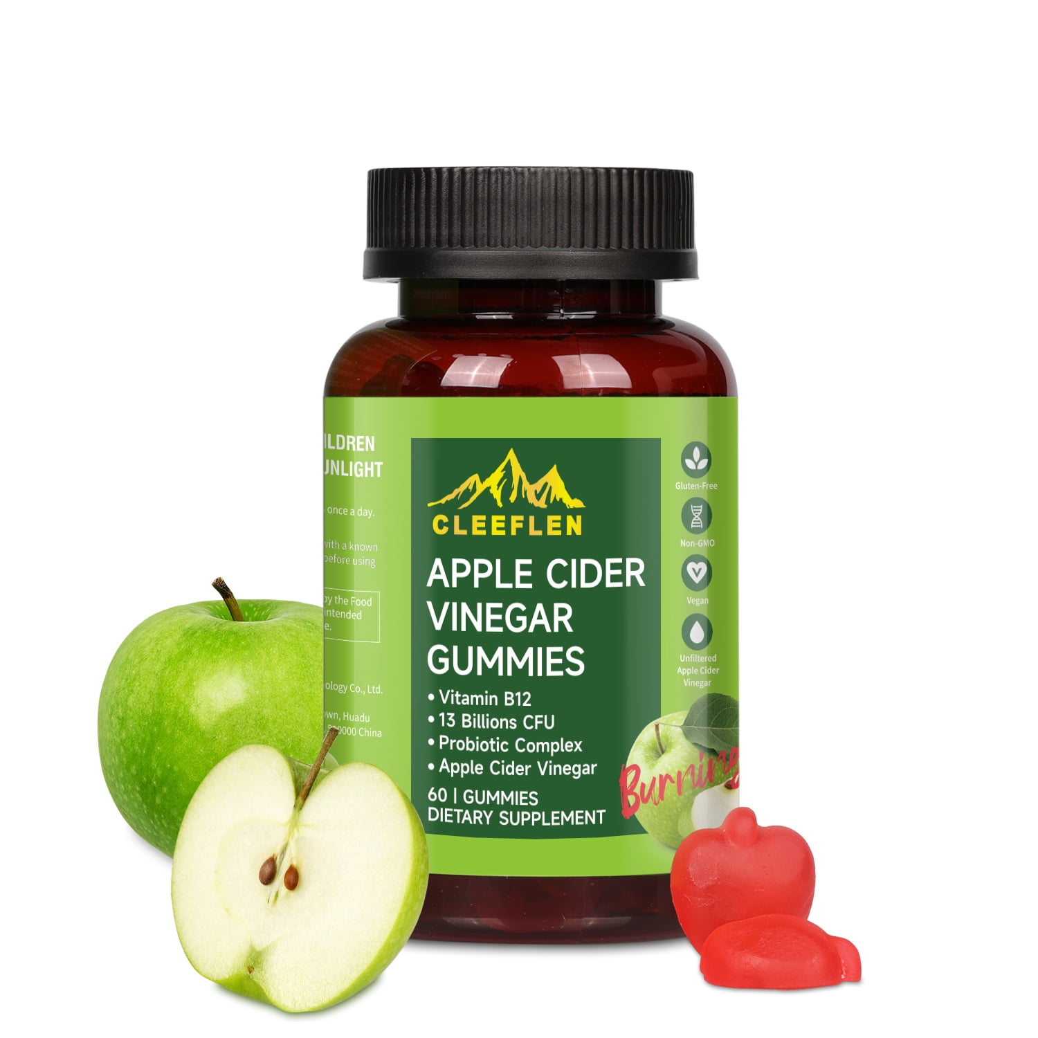 CLEEFLEN Apple Cider Vinegar Gummies with Vitamin B12, Probiotic Complex, L-Carnitine, 60 Count