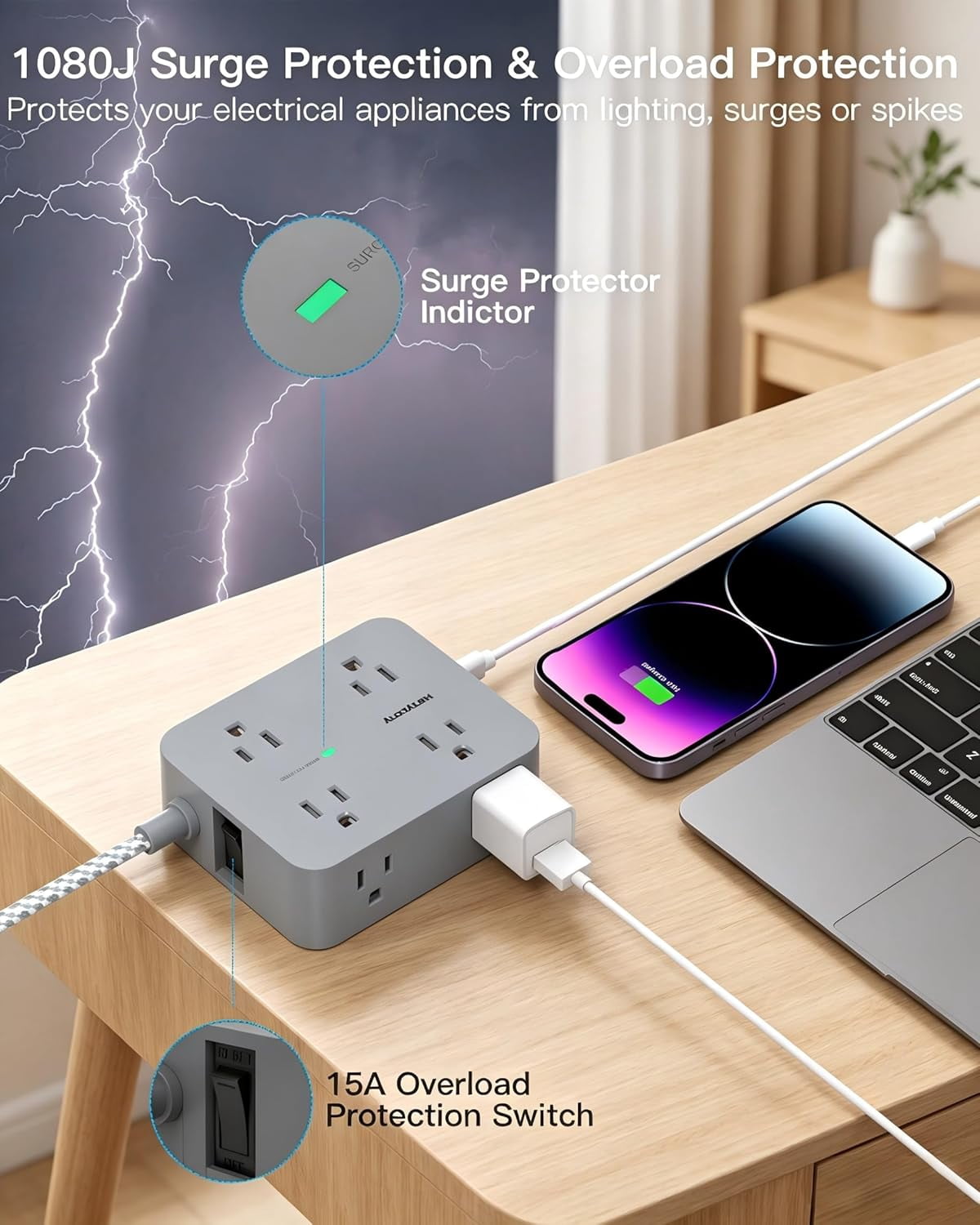 10 Ft Surge Protector Power Strip, Extension Cord with 8 AC Outlets 4 USB (2 USB C) Ports, Flat Plug, Wall Mount Desk USB Charging Station for Home