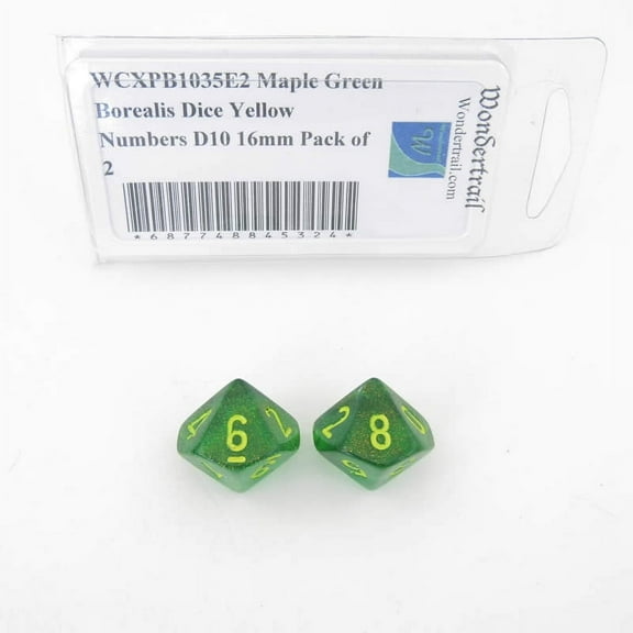 Maple Green Borealis Dice with Yellow Numbers D10 Aprox 16mm (5/8in) Pack of 2 Wondertrail