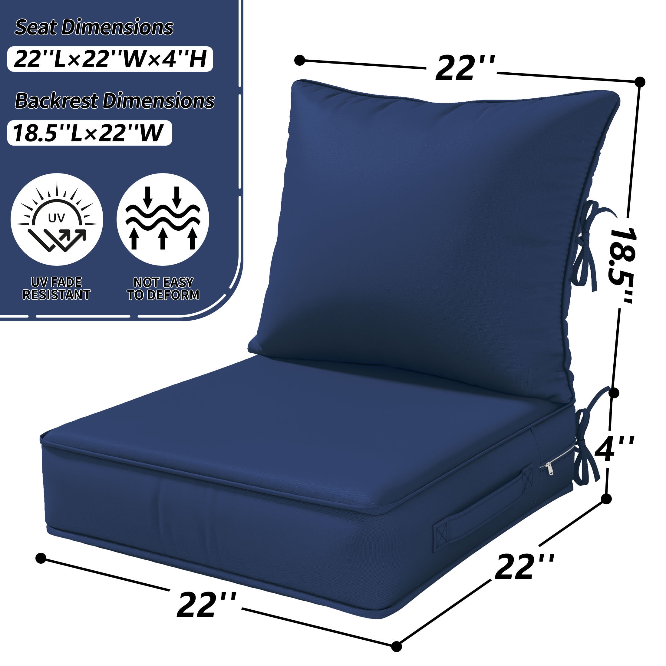 Kimunuk Outdoor Deep Seat Cushion Set for Patio Furniture, Splash-Proof & Fade Resistant, 22" L X 22" W X 4" H, Blue